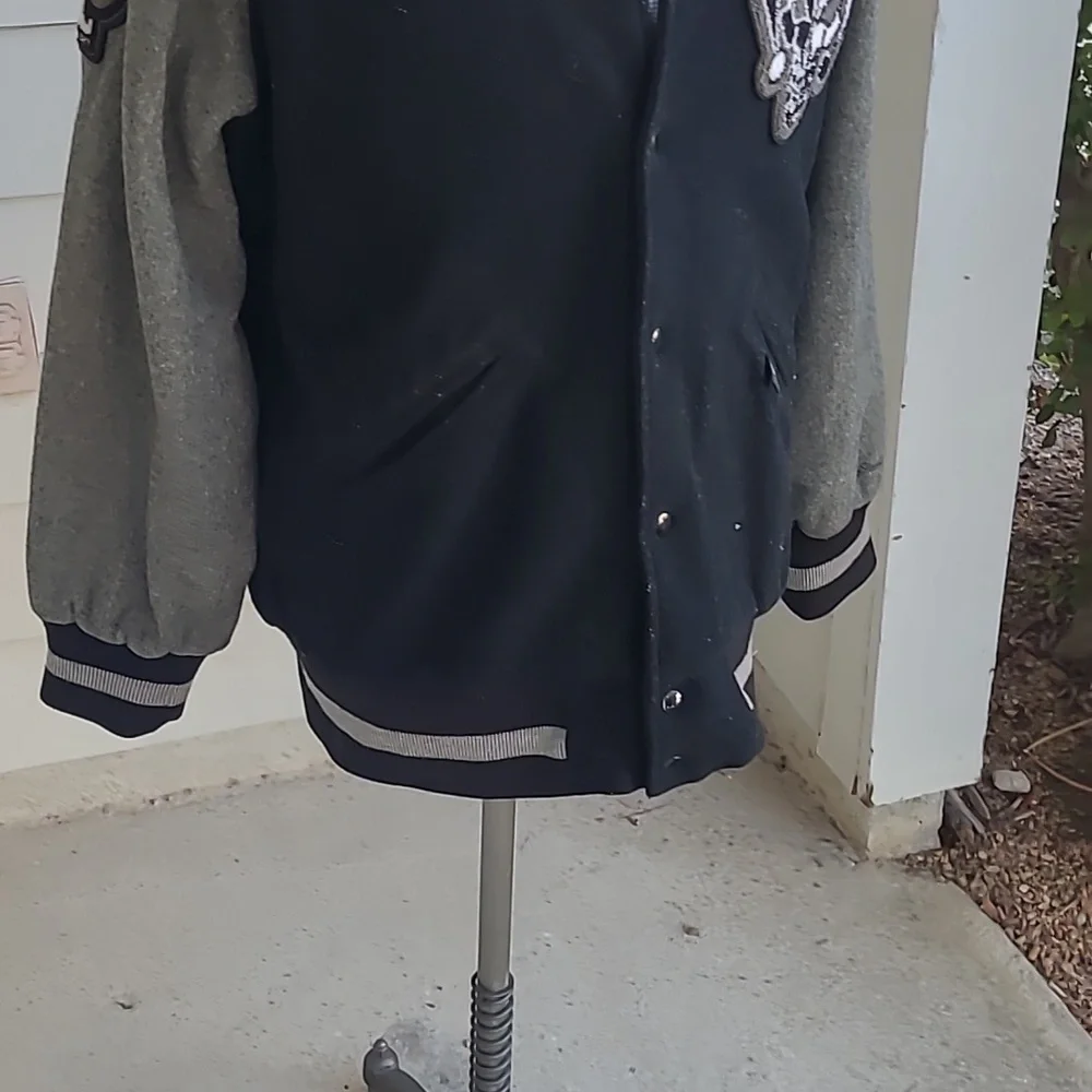 SKULLSHIT Japan Streetwear Wool Black Grey L Full Button Varsity Bomber Jacket‎
